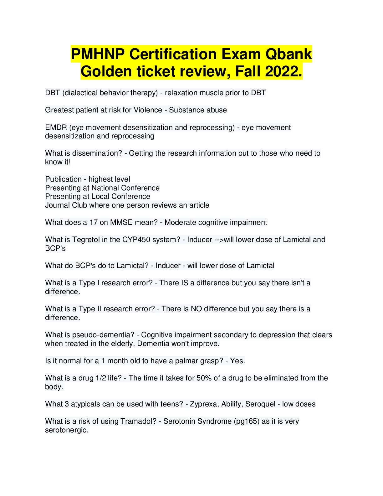 Preview image for PMHNP Golden Ticket (answered) Complete Every single question, Fall 2022 Class.